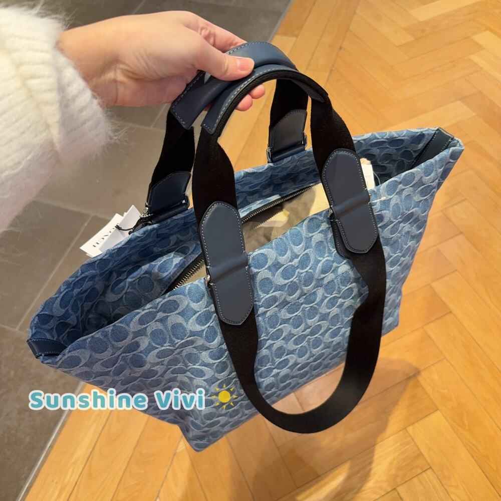 NWT Coach MEN'S Small Tour Tote Bag In Signature Denim CDF24 Silver/Denim - Picture 8 of 13